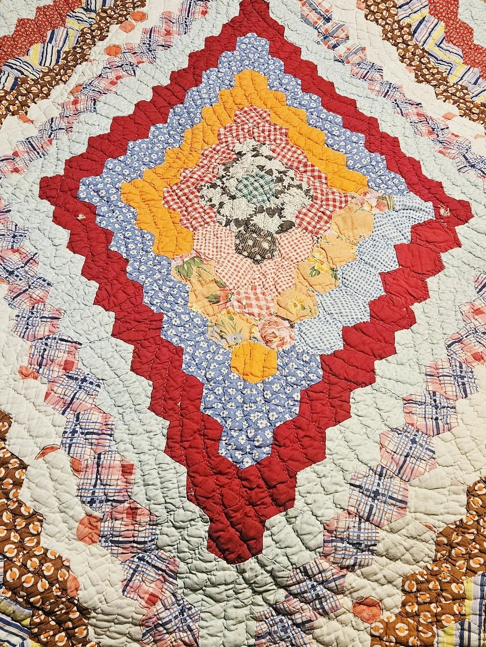 Vintage Patchwork Quilted Bedspread in Red, Blue, Yellow
